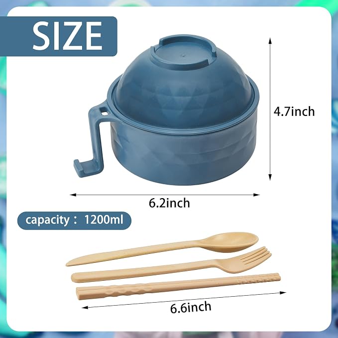 1 Set Microwave Ramen Cooker 40oz Wheat Straw Microwave Noodle Bowl Set with Chopsticks, Spoon, Fork, College Dorm Office Apartment Essentials (Dark Blue)