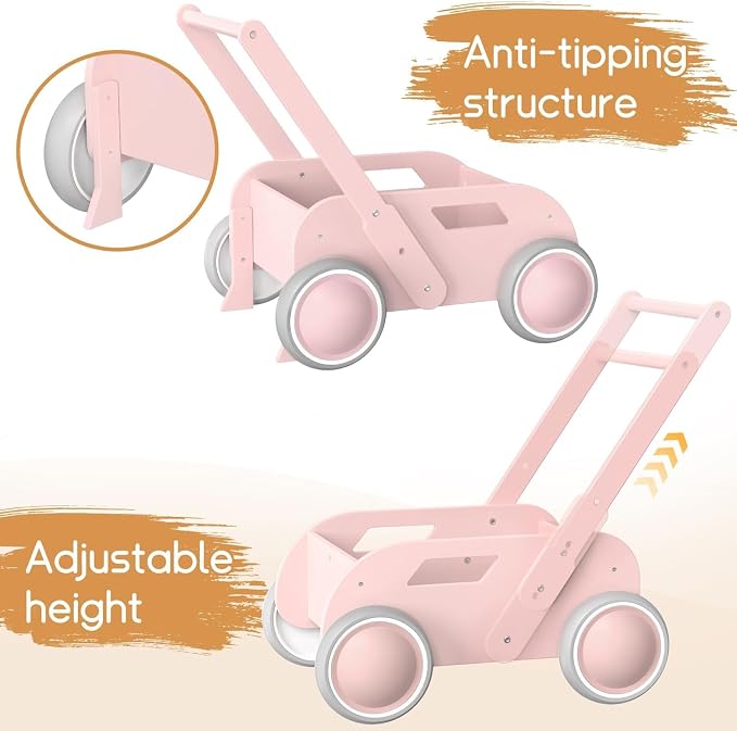 HOMEKOL Wooden Baby Push Walker, Pink | Adjustable Height, with Rubber Wheels, for Boys and Girls, Gift for Birthday, Christmas and New Year