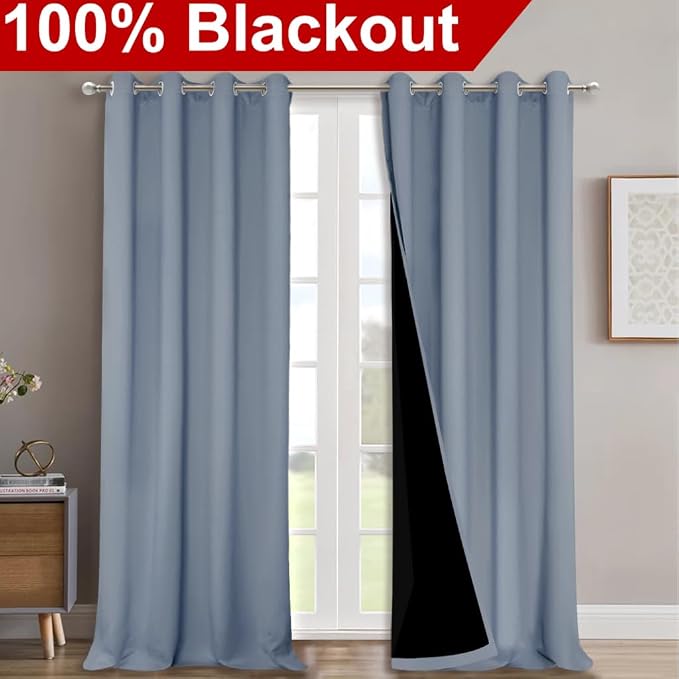 NICETOWN 100% Blackout Blinds, Set of 2, 46" x 96", Vintage Blue, Laundry Room Decor Window Treatment Curtains for Large Patio Sliding Door, Thermal Insulated Curtains for Bedroom