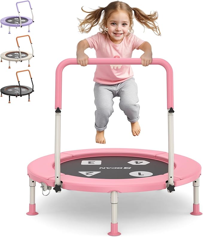 BCAN BT1 36'' Toddler Trampoline, ASTM Certified-Foldable Mini Trampolines for Kids Ages 1-6, Adjustable Handle, Safety Pad & Foldable Legs, Baby Trampoline Indoor/Garden, Gift for Boy and Girl