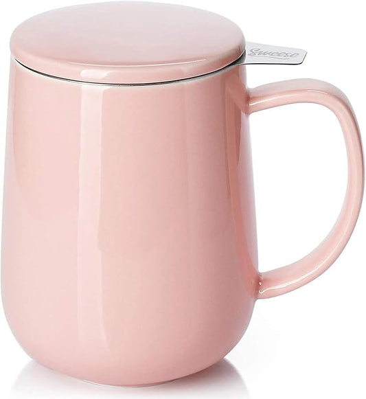 Sweese 20 OZ Porcelain Tea Mug with Infuser and Lid, Loose Leaf Tea Cup, Gifts for Tea Lover - Pink