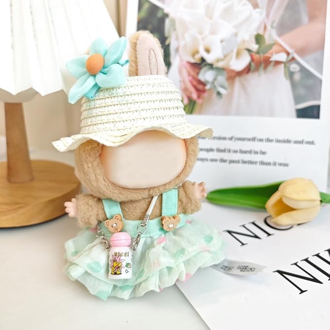 One Set Kawaii Doll Clothes for 17cm Plush Dolls - Green Floral Collection Dress + Hat + Bag + Hair Clip Fits 6.7 Inch Mini Dolls (No Doll No Glasses)