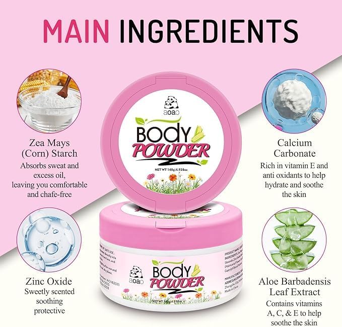AOAO Women's Talc-Free Body Powder, Absorb Sweat & Anti-Chafe Dusting Powder for Sensitive Skin, Help Reduce Post-Shower Dampness, Natural Feminine Powder for Deodorizing Whole Body, 5oz-2pack