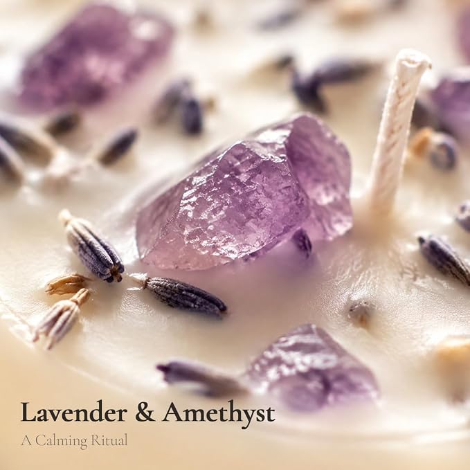 Meditation Candle Gift, 9 oz Lavender Crystal Candle, Wood Lid