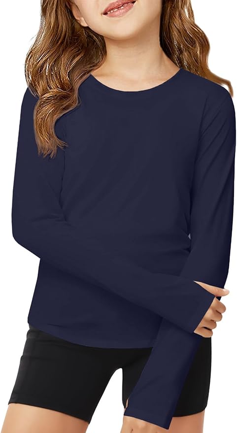 ZDC Girls Long Sleeve Athletic Shirts Kids Crewneck Quick Dry Workout Yoga Tops Basic Tees Activewear