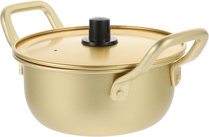 Korean Ramen Pot with Lid 16cm Yellow Aluminum Small Soup Pot Double Handle for Instant Noodles and Kitchen Use