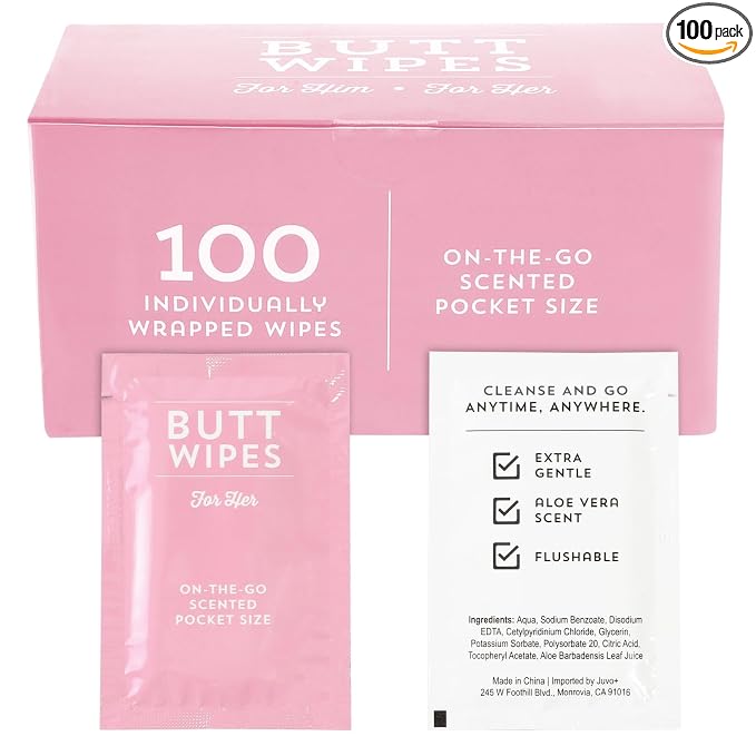 BLUE PANDA Wet Travel Wipes - Individually Wrapped Packets for On-the-Go - Flushable Wipes for Adults - Aloe Vera Scented Travel Toiletries & Purse Essentials - 100 Count, Pink