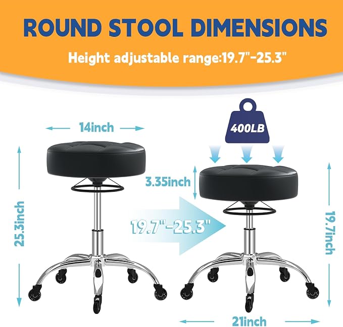 Rolling Stool Heavy Duty 400lb: Super Soft Seat Cushion,360° Swive,Height Adjustability,No Squeaky Noises,No Tip Over, New Upgraded Salon stool Chair, for Tattoo Facial Massage Spa Medical (Black)
