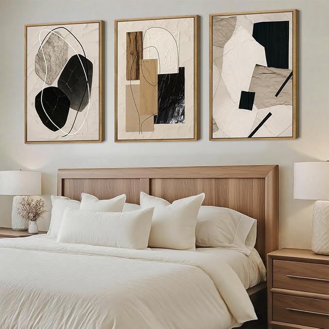 Large Abstract Paintings Framed Neutral Canvas Prints Mid Century Modern Wall Art for Living Room Bedroom Bathroom 36x24 Inch 3 Piece