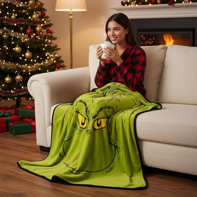 Collectibles Dr. Seuss The Grinch Holiday Christmas Bedding Super Plush Cozy Throw, 46 in x 60 in, (Officially Licensed Product) By Franco