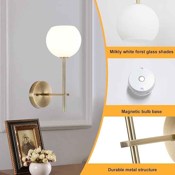 Brass Battery Operated Wall Sconces Set of 2, Rechargeable Wireless Wall Lights with Milky White Frosted Glass, 12 RGB and 3CCT Dimmable, Wall Lamps with Remote for Bedroom Living Room Hallway