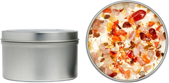 Sacral Chakra Candle by New Moon Beginnings - Chakra Candles - Dried Flower, Herb, & Crystal Candles - Aromatherapy Candles - Soy Candle - 8oz Tin