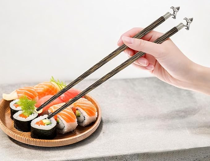 Wooden Chopsticks 9⅞" Long Coconut Palm Wood Chopstick With Metal Horse Top Eating Utensils Oriental Cutlery Asian Tableware Decorative Dinnerware to Serve Chinese Japanese Korean Food