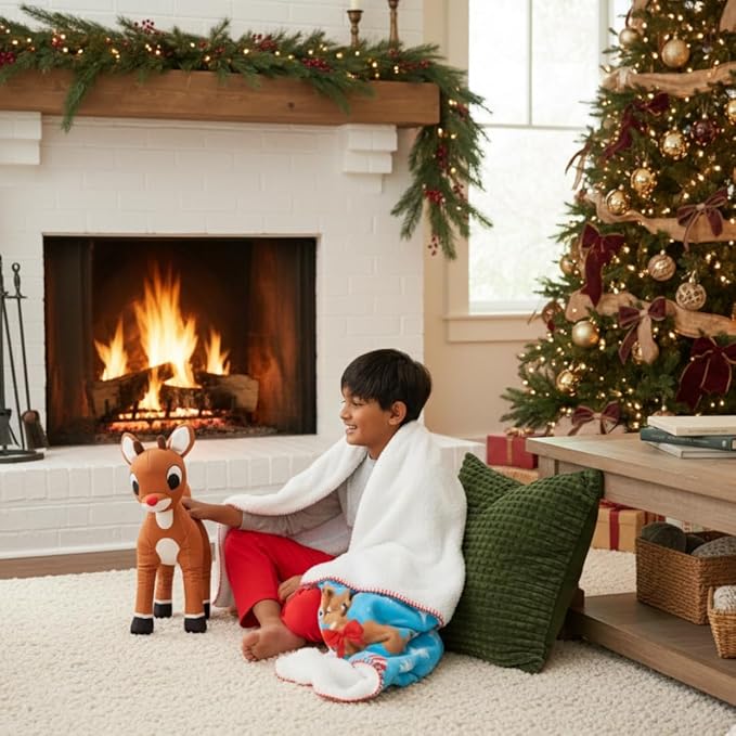 Rudolph The Red Nose Reindeer Holiday Christmas Kids Bedding Soft Plush Sherpa Blanket Throw, 46 in x 60 in, (Officially Licensed Product) by Franco