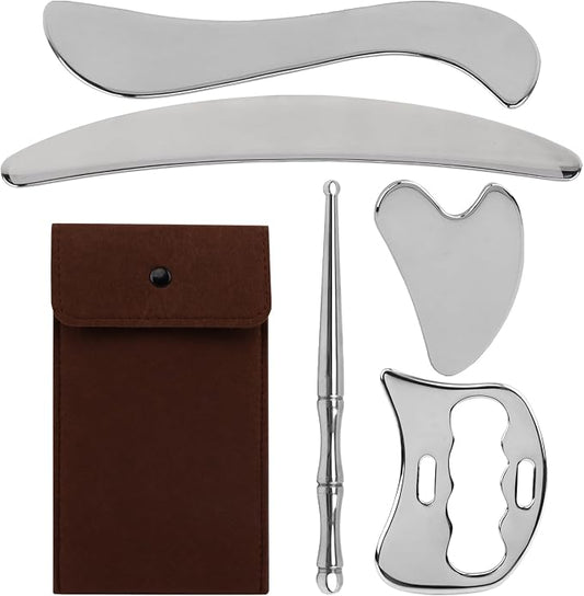 5-in-1 Stainless Steel Muscle Scraper Tool Set GuaSha Muscle Scraping Tools Set, Physical Massage Tools with Storage Case, Body Gua Sha Kit for Body Skin Massage