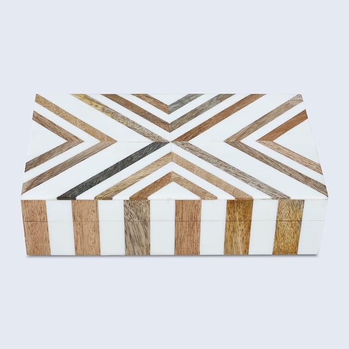 Handicrafts Home White Decorative Storage Box with Lid Wooden Desk Organizer Box Office Storage Box for Workspace Desk Decor Organizer – Resin Inlay Marquet Chevron Collection - 5x7x1.5