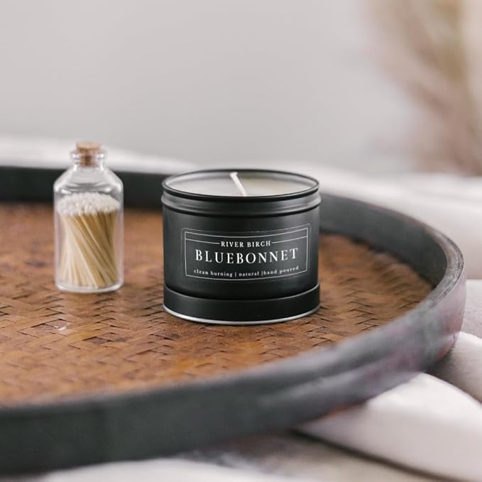 River Birch Premium, All-Natural, Non-Toxic Soy Wax | Bluebonnet Scented | 8 oz. Black Matte Tin Travel Candle | Cozy Relaxing Gifts for Home