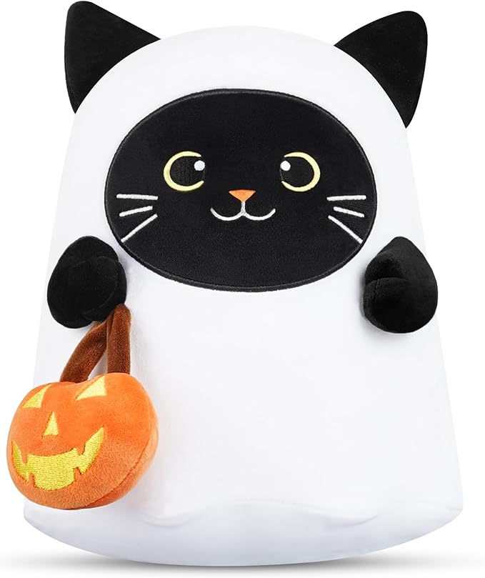 Halloween Ghost Stuffed Animal, Halloween Ghost Black Cat Plush Toy with Pumpkin Gifts for Girls Boys Decor 10 Inch