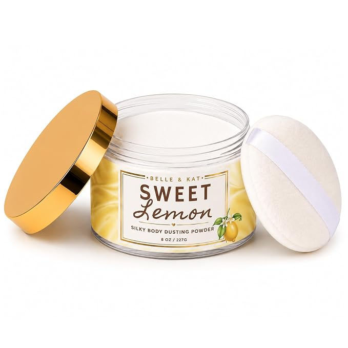 Body Powder for Women & Men Scented Sweet Lemon, Perfume Dusting Powder, Bath Powder with Fragrance & Essential Oils, Talc-Free 8oz Container with Lid and Puff, Made in USA