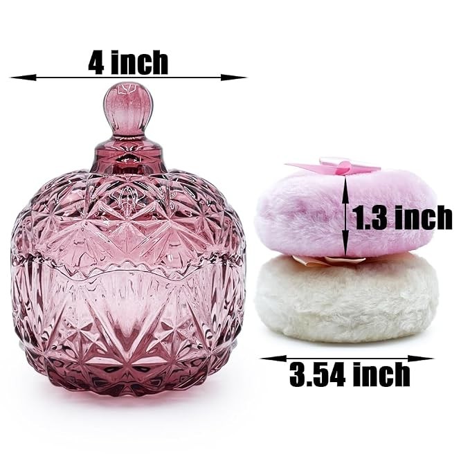 Luxury 4 Inch Glass Powder Container with 2 Soft 3.5" Puffs｜Non-Sealed Refillable Organizer for Body Powder,Makeup & Jewelry｜Setting Powder Applicator w/Loose Powder Storage(Crown-Purplish Red)