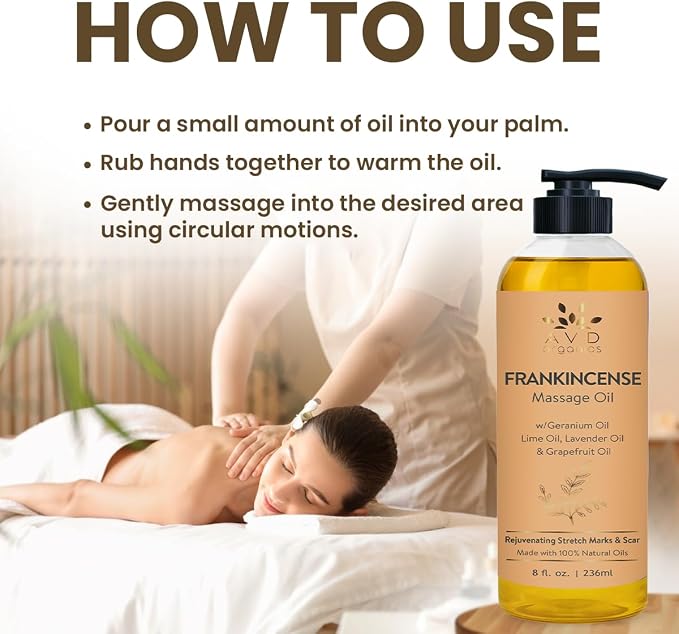 AVD Organics Frankincense Massage Oil 236ml | Invigorating Refreshing and Soothing Massage | Made with Natural Oils | Ideal for Both Men and Women 8 fl oz