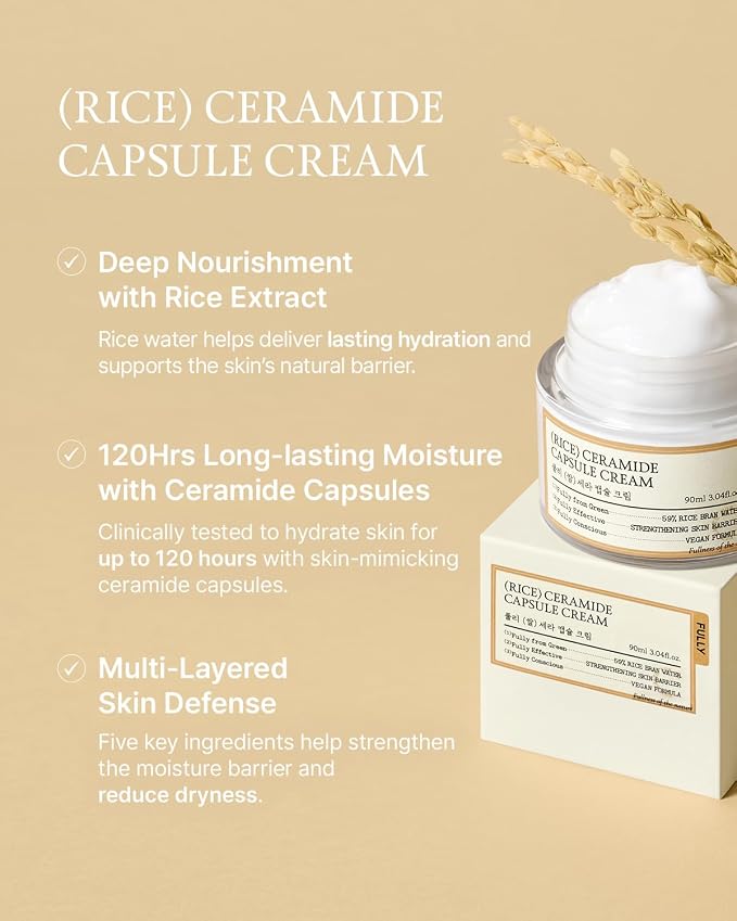 FULLY Rice Ceramide Moisturizing Cream – Deep Hydration Korean Facial Cream with Rice Bran Extract & Ceramide, Strengthens Barrier, Glowing Skin, Fragrance-Free, Vegan& Dermatologist Tested 3.04 fl.oz