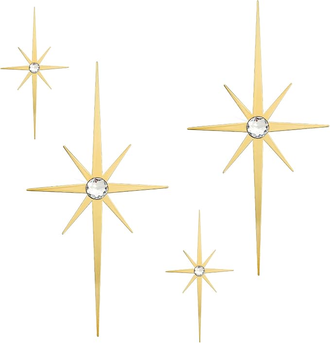 4 Pcs Star Wall Art for Home Decor Living Room Bedroom Office Metal 3D,Bling,with Hanging Hook Starburst Midcentury Sculpture Retro Gallery Accent Celestial -Gold 16.5in/9.4in