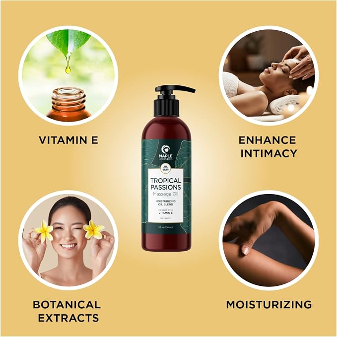 Sensual Couples Massage Oil - Tropical Full Body Oil with Jojoba, Coconut & Sweet Almond Plus Sore Muscle Relief with Rosemary - Non GMO, Gluten Free & Vegan