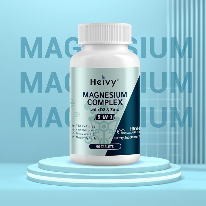 Heivy Magnesium Complex 2 Pack, Magnesium Glycinate, Citrate, Malate, Oxide, Gluconate with Zinc and Vitamin D3, Magnesium Supplement for Muscle, Nerve, Heart, Bone Support, High Absorption