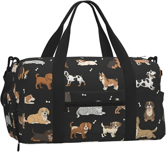 Fiokroo Sports Gym Bag Cute Dogs Black Travel Duffel Bag For Men Women With Shoe Compartment Water Resistant Gym Bag Carry On Duffel Bag For Weekend Traveling Yoga Gym Sports