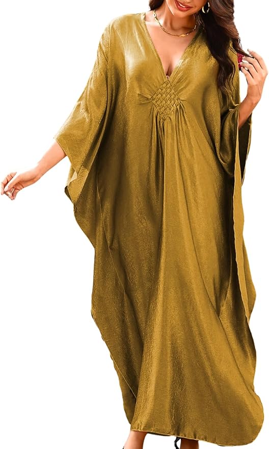 ChiaoLezhee Print Moo-Moos for Women, Kaftan Cover-Up Dresses, Sexy V-Neck High-Slit, Beach Pool-Party Coverups Muumuu Plus
