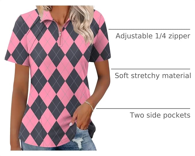 LOMON Womens Golf Polo Shirt Summer Short Sleeve Quarter Zip Outfit | Side-Pockets,Princess Seams,Cotton,Wrinkle Free,Moisture Wicking,Quick-Dry,Lightweight,Collared,for Tennis Workout