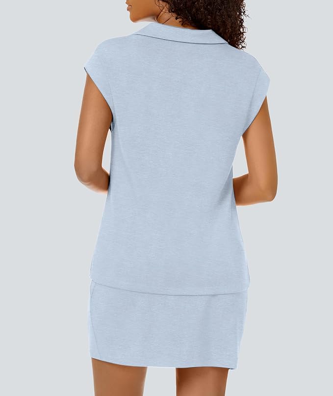 Casly Lamiit Womens Two Piece Skirt Sets Casual Cap Sleeve Lapel V Neck Tops Summer Travel Outfits Short Tennis Skort Set