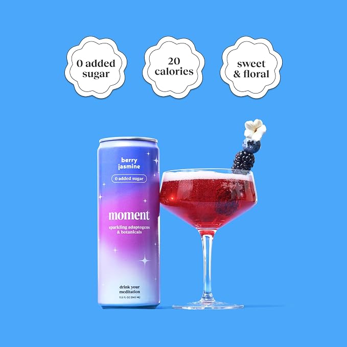 Moment Adaptogen Drink (Shark Tank) - Calm, Clarity & Relaxation with L-Theanine & Ashwagandha - Non Alcoholic Drinks for Adults - Sparkling Botanical Soda - 0 Sugar 0 Caffeine - 12 Pack 11.5 fl oz