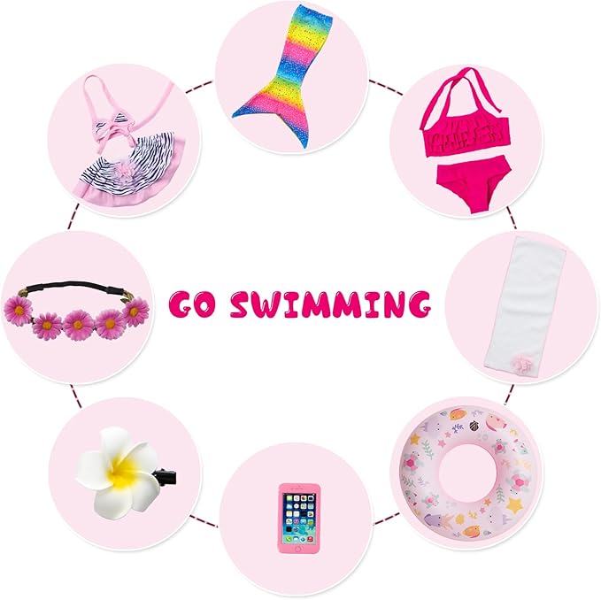 UNICORN ELEMENT 11Pcs 18 Inch Girl Doll Clothes and Accessories Set Including Colorful Mermaid Swimsuits,Mobile Phone,Hairpin,Swimming Circle