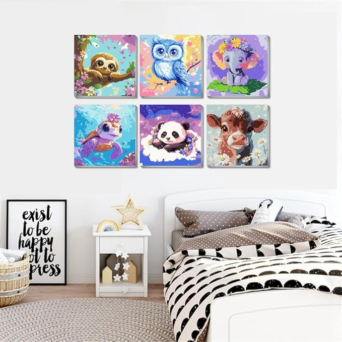 VividMeng 6 Pack Cartoon Paint by Numbers Kit for Kids Framed Canvas, Animals Paint by Number for Kids Ages 4-8-12, DIY Easy Acrylic Painting Kits for Home Wall Decor and Gift (8X8inch)
