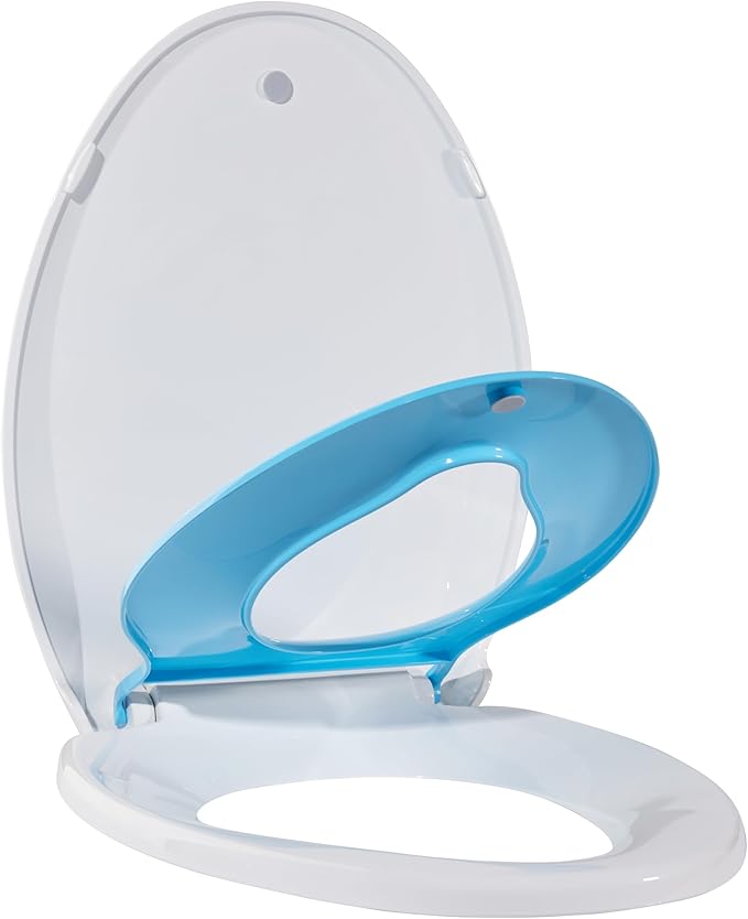 Elongated Toilet Seat with Built in Potty Training Seat, Potty Training Toilet Seat for Toddlers, Magnetic Kids Seat and Cover, Slow Close and Never Loosen, Fits both Adult and Child, Blue Elongated