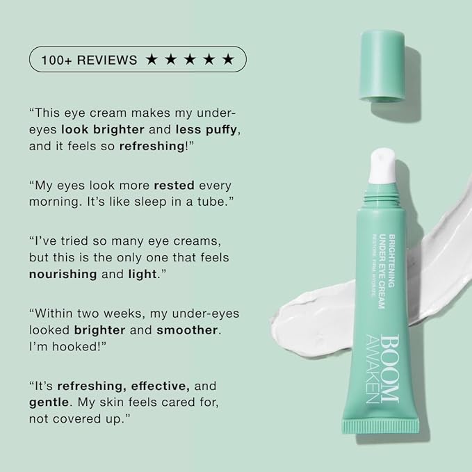 Boom Awaken Cooling Under Eye Cream - Targets Puffiness & Uneven Tone with Vitamin C, Licorice Root, Wild Mint, Green Tea & Hyaluronic Acid - Lightweight, Refreshing, Vegan Formula - 0.5 oz