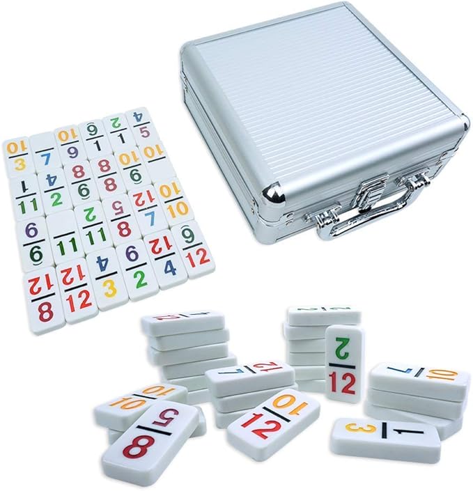 PUREPLAY Mexican Train Dominoes Set with Numbers - Double 12 Colored Number Dominoes - Includes 91 Tiles with 9 Trains, Plastic Pieces and Aluminum Case for 2-8 Players Ages 8+