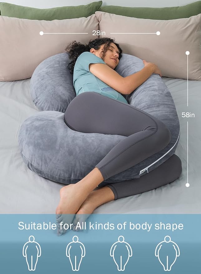 INSEN Pregnancy Pillow for Sleeping, Maternity Pillow with Jersey Cotton Cover,C Shaped Body Pillow for Pregnant (Gray)