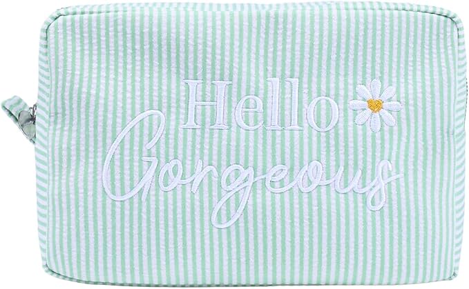 Hello Gorgeous Cosmetic Bag, Cute Daisy Makeup Bag, Compliment Gift for Women Girls Bride & Bridesmaid, Seersucker Stripe Travel Toiletry Pouch w/Zipper, Wedding Organizer Storage (Green)