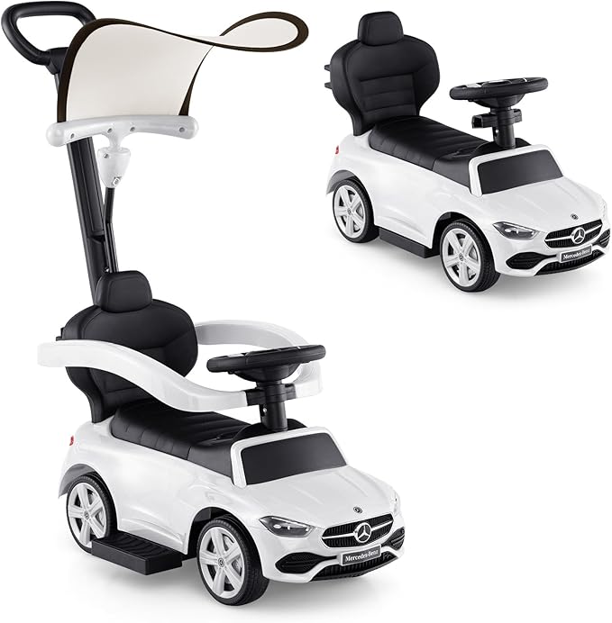 Licensed Mercedes Benz Push Car for Toddlers by INFANS, 3 in 1 Sliding Walking Car with Push Handle, Horn, Music, Underneath Storage, Foot-to-Floor Ride on Toys for Boys Girls, White