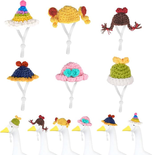 6PCS Mini Knitted Goose Hat with Adjustable Strap,Magnetic Desk Goose Outfits 7 inches,Mini Hat for Statue Keychain Holder,Small Headware for Decoration