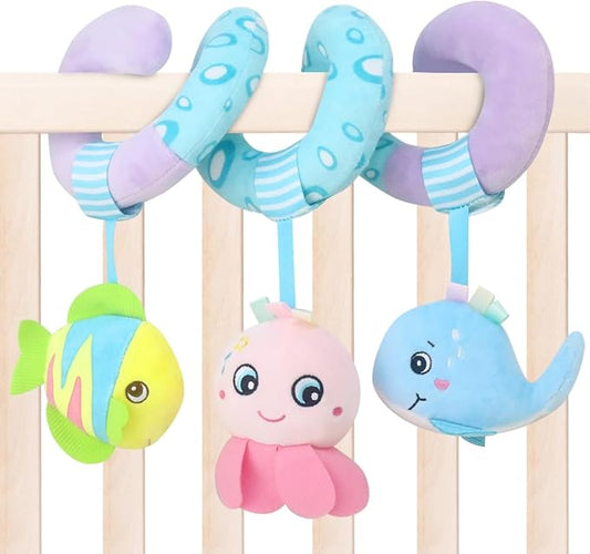 Caterbee Baby Stroller Toy, Activity Spiral Plush bar Toy Accessories, Car Seat Toys with Bell for boy or Girl 0 Months+ (Ocean)