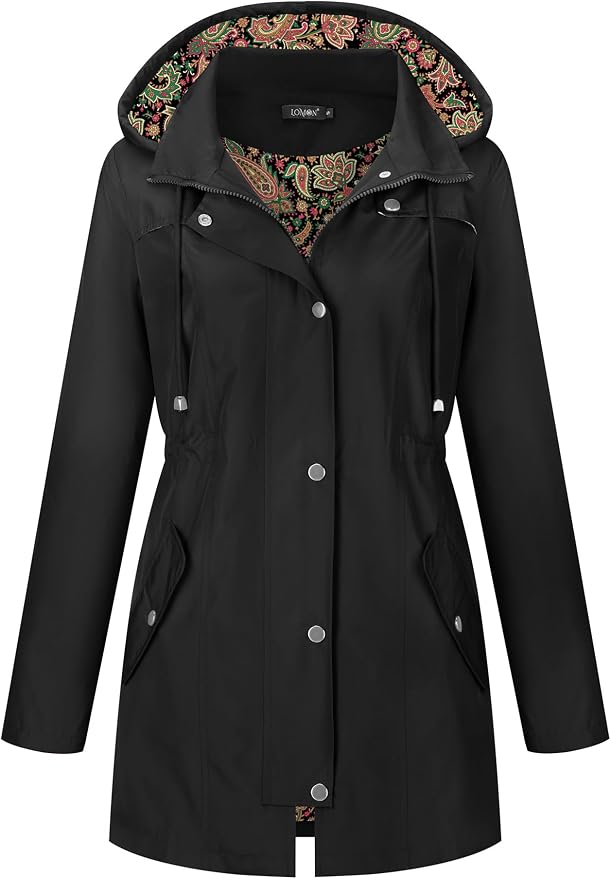 LOMON Women Waterproof Outdoor Hiking Raincoat Women Lined Rain Jacket Lightweight Hooded Jackets Trench Coats