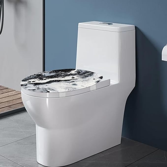 Black and White Marble Toilet Seat Cover, Soft and Comfortable Flannel Seat Cover, Elastic Band at the Bottom Toilet Lid Cover