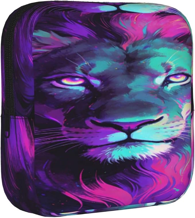 Portable Sanitary Napkin Pouch Rainbow Neon Lion Purple, Cute Polyester Feminine Care Bag with Zipper, Ideal Gifts for Ladies Outdoor Travel