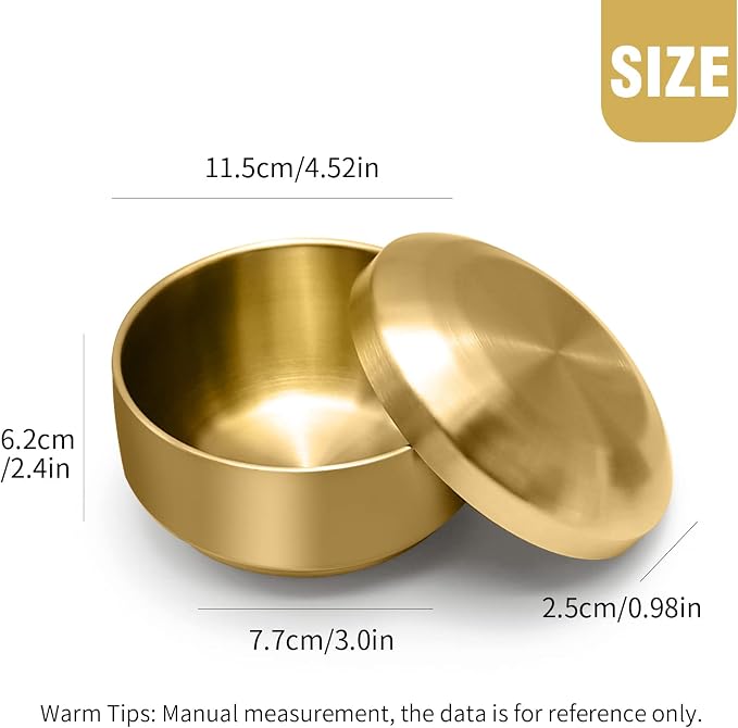 Stainless Steel Rice Bowl with Lid, Set of 2, for Korean Kitchen Restaurant, Double-walled Metal Bowls, Multi-Purpose Insulated Soup Bowls Snacks Bowls (11.5cm Gold)