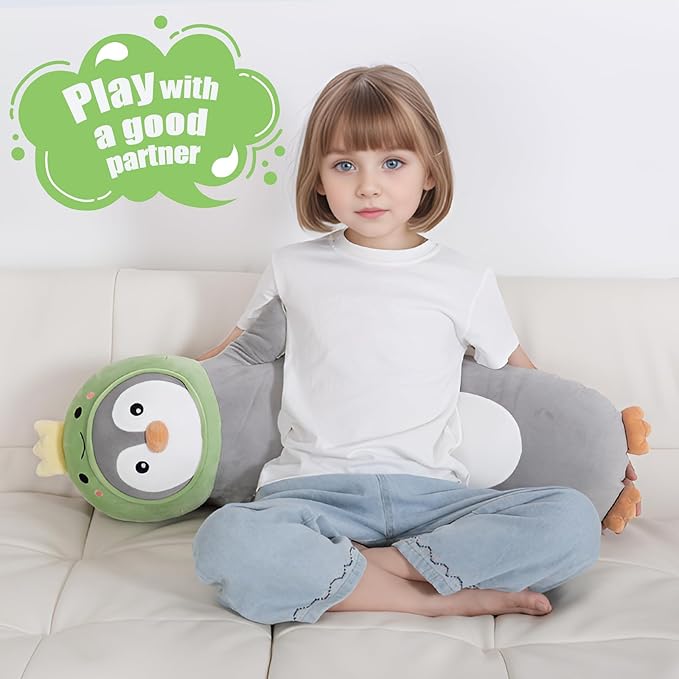36 inch Long Penguin Plush Pillow Toy Soft Stuffed Animal with Cute Dinosaur, Cuddle Sleeping Body Pillow Penguin Plushies Gifts for Kids Boys Girls, Birthday