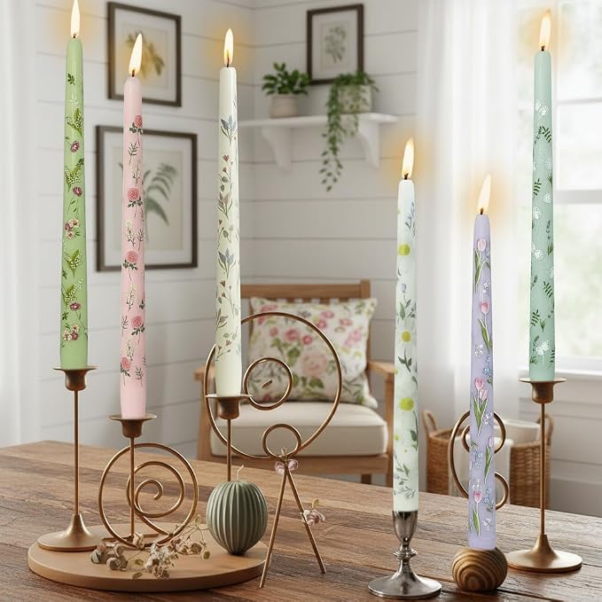 Floral Toile Candle Sticks Print Smokeless Candlessticks 6 Pack Handmade Pastel Candle 10 inches Long Flower Tapered Candles for Dining Living Room Mantel Cozy Hygge Ambiance Everyday Home Decor